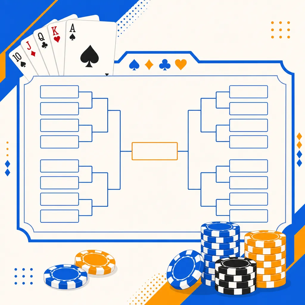 ポーカーカードとチップ、トーナメント表をイメージしたフラットイラスト