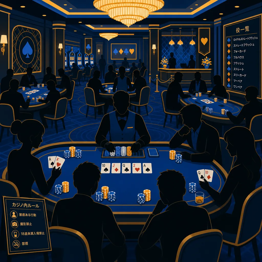賑わうアミューズメントカジノのポーカーテーブルのフラットイラスト