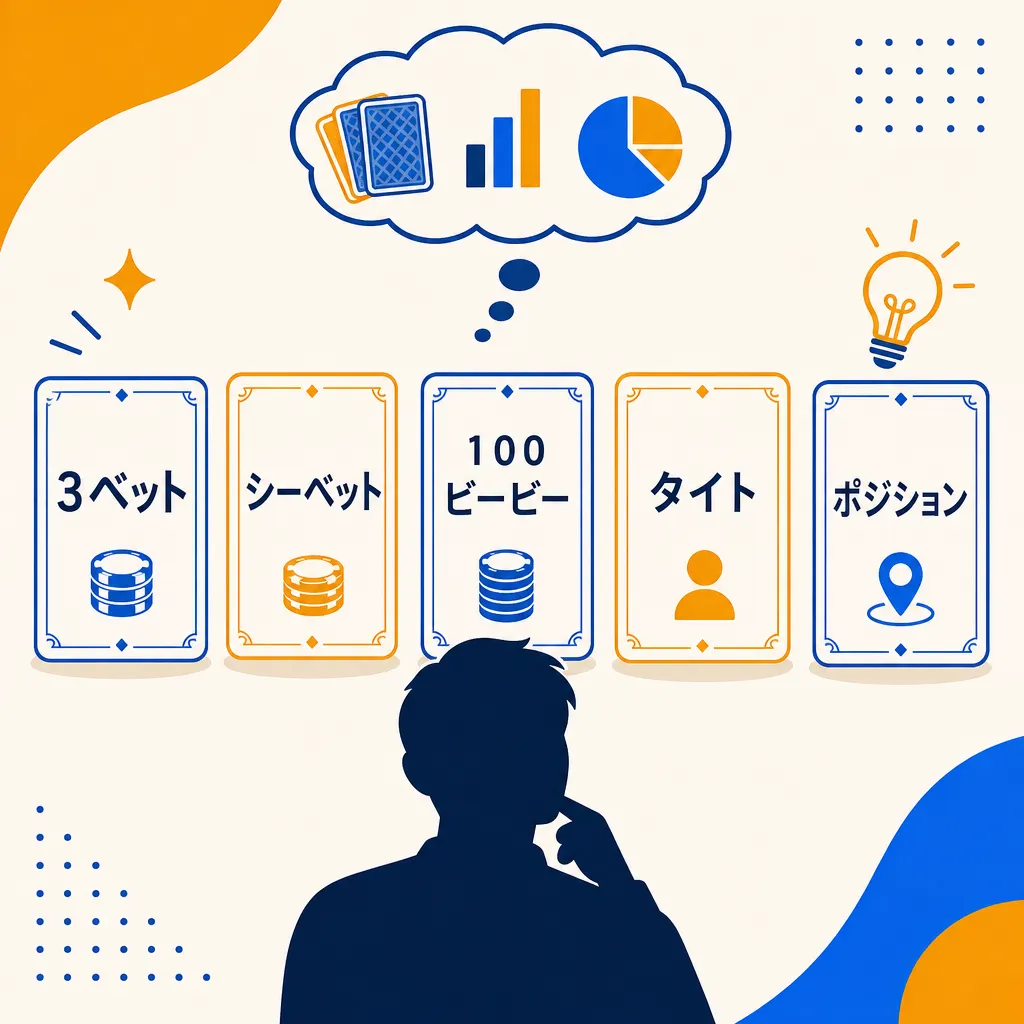 3bet・Cbet・100BBなどの専門用語カードが判断材料として並ぶフラットイラスト