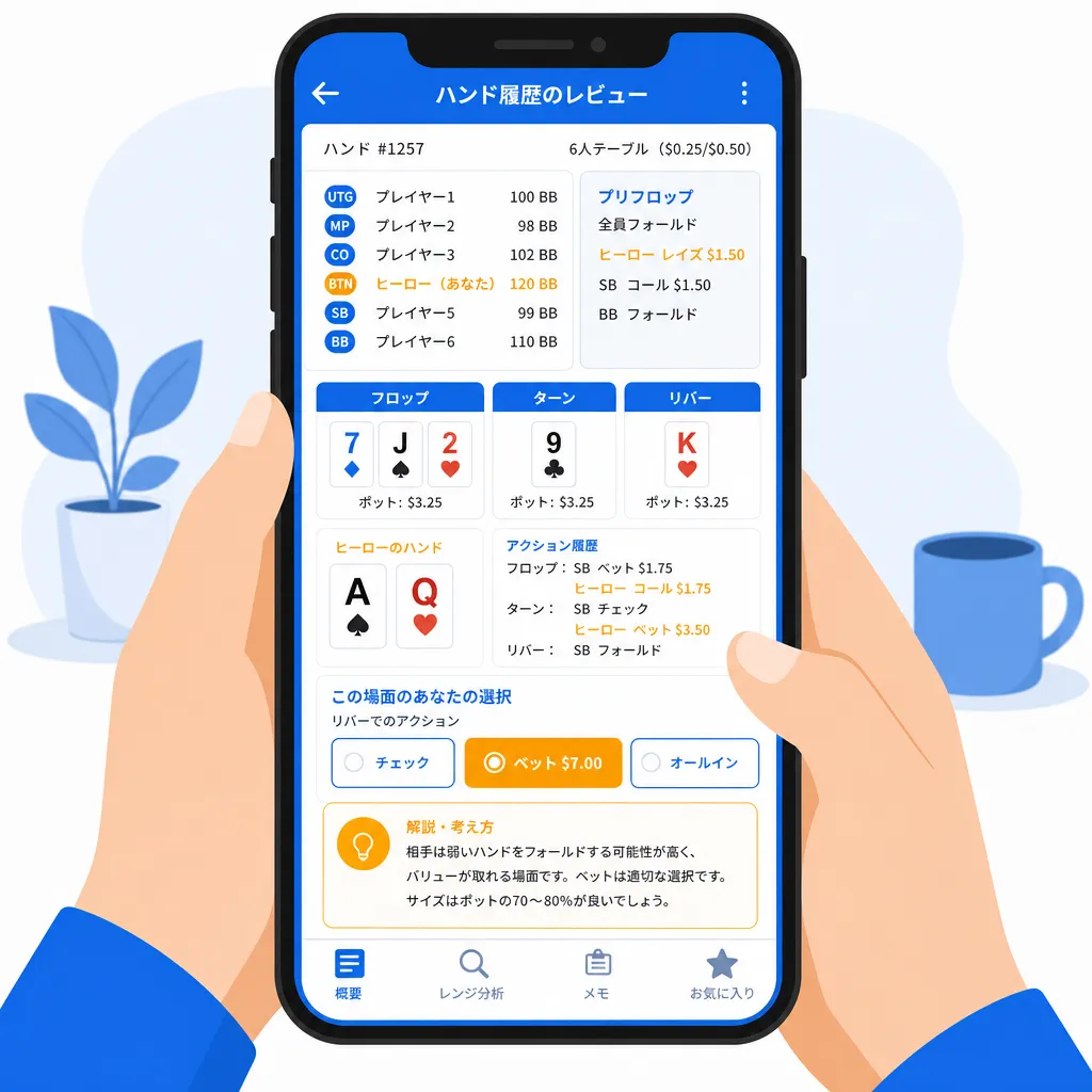 スマートフォンでハンド履歴と判断理由のメモを振り返っている手元のフラットイラスト