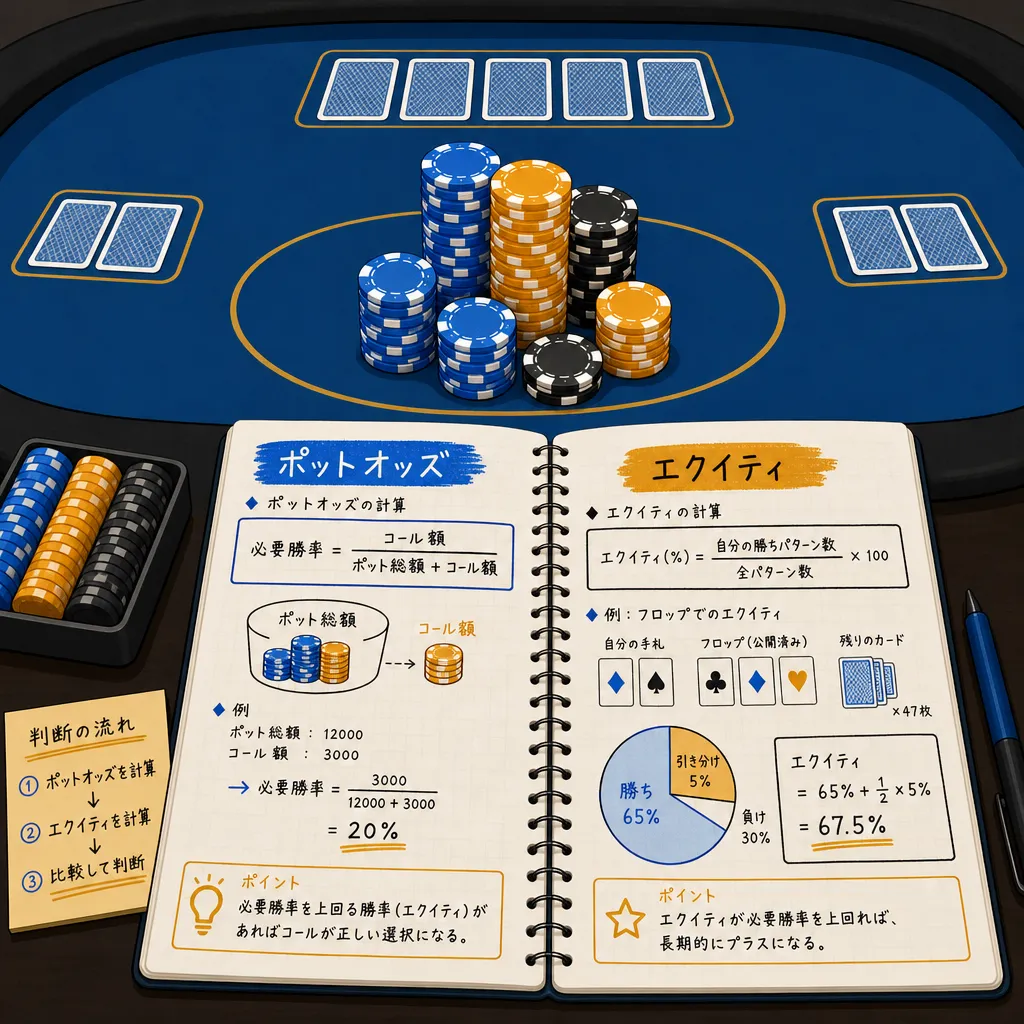 ポーカーテーブル上のチップの山の横に「Pot Odds」「Equity」の数式が書かれたメモ帳