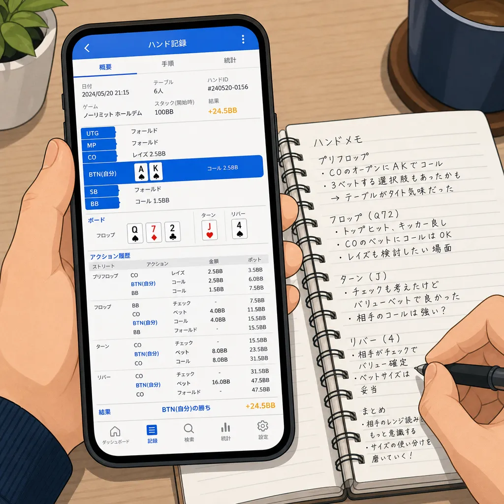 スマートフォンのハンド記録アプリ画面を眺めながらノートにメモをとる手元クローズアップ