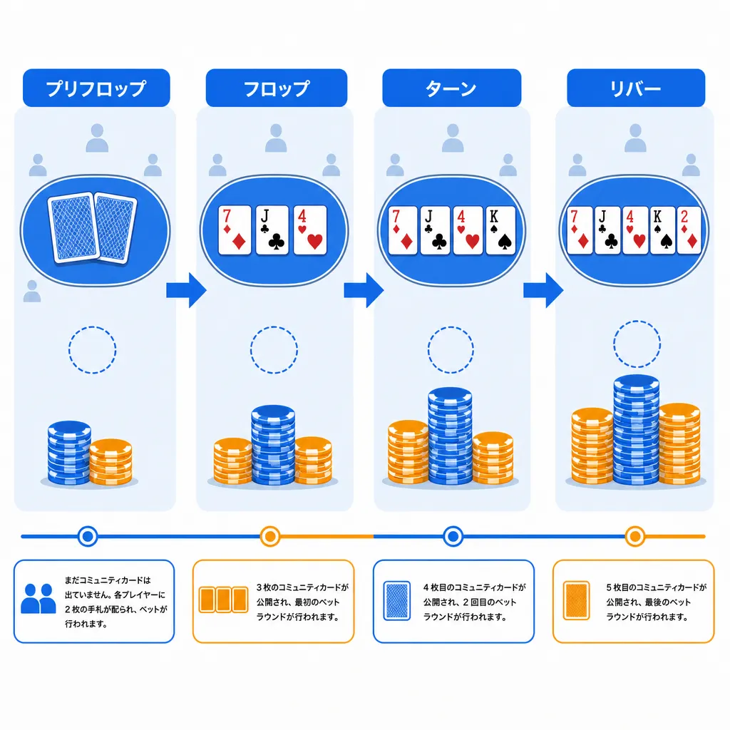プリフロップからリバーまで4ストリートの遷移を矢印でつないだフラットイラスト