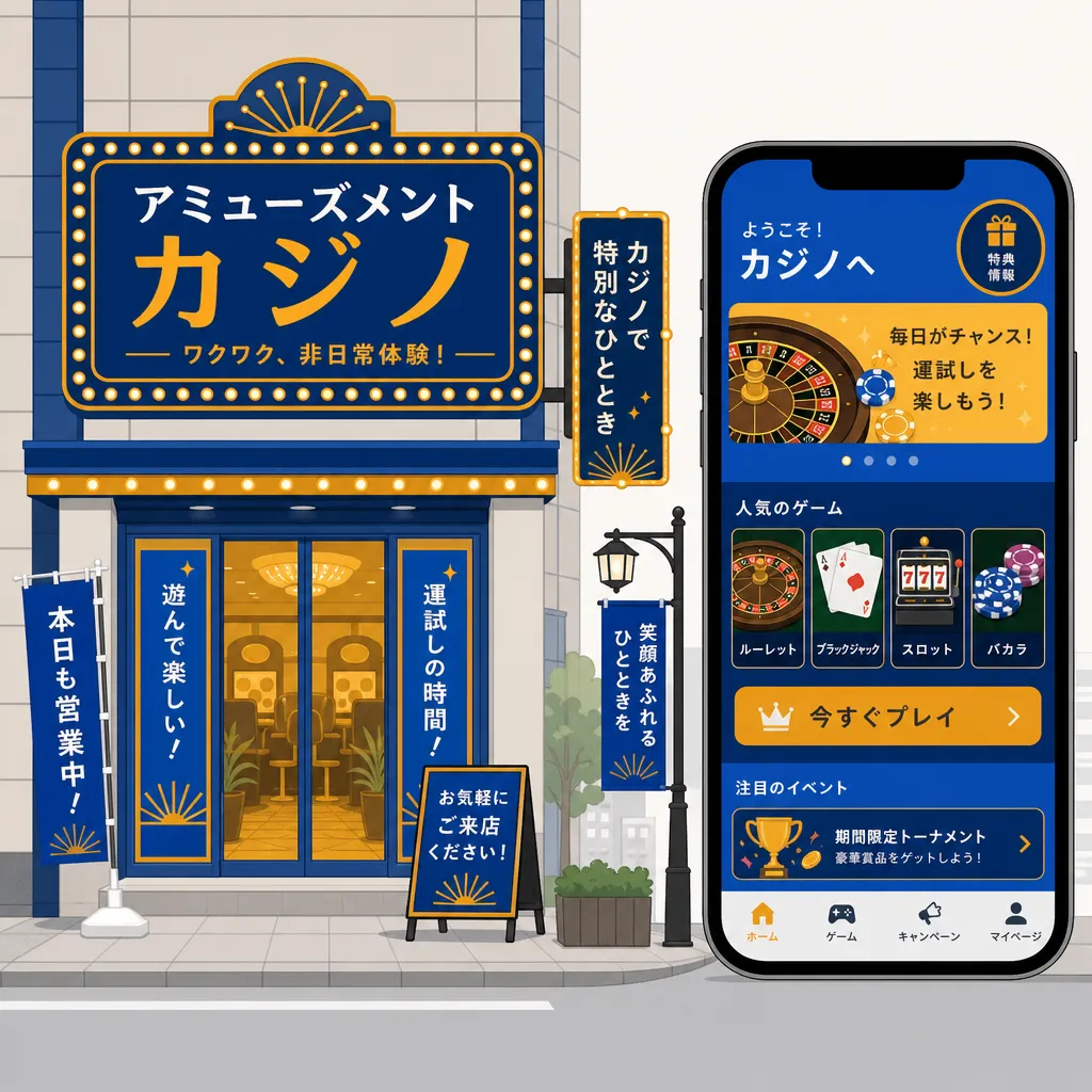 アミューズメントカジノの店舗とスマートフォンのアプリが並ぶ日本の街並みフラットイラスト