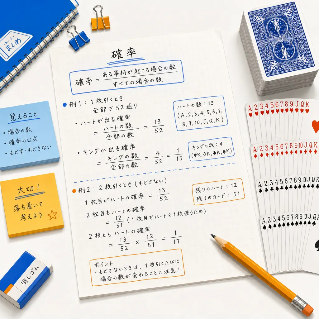 白紙に手書きの確率計算式と数値が書かれており、隣に52枚のカードデッキとシャープペンシルが置かれた机の俯瞰ショット