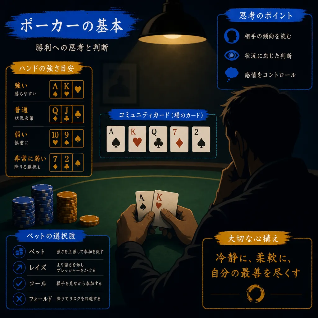 薄暗いポーカーテーブルでホールカードを手元で隠しながら考え込むプレイヤーの手元とチップの山をとらえたショット