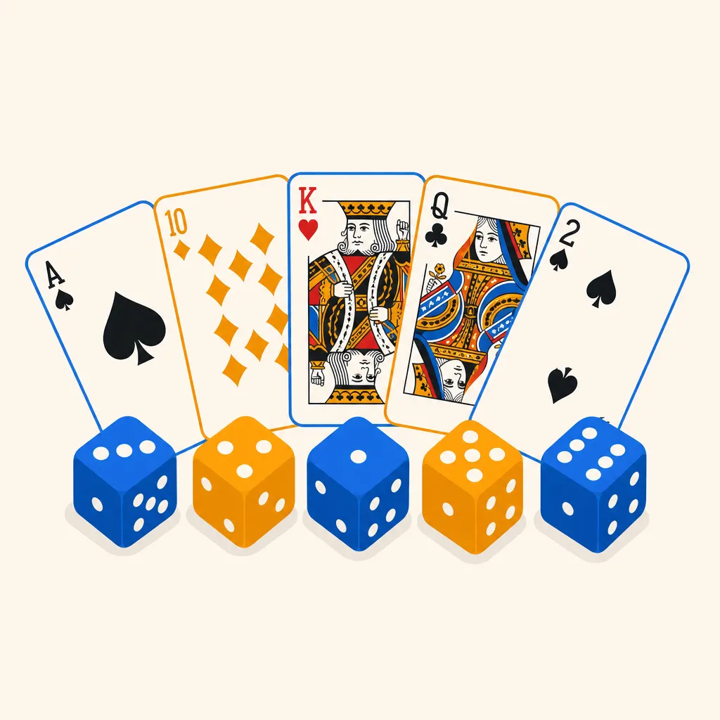5つのサイコロとポーカーカードを並べたフラットイラスト