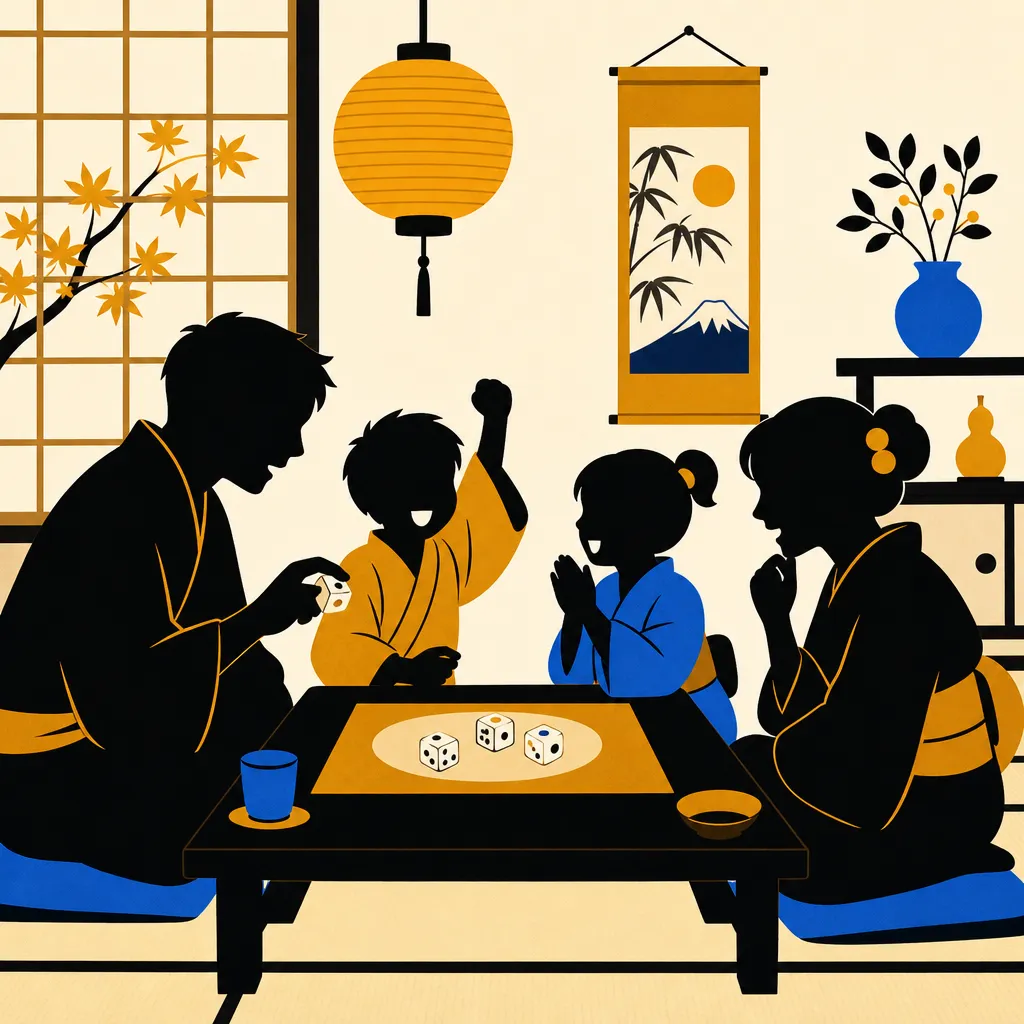 家族でサイコロゲームを楽しむシルエットのフラットイラスト