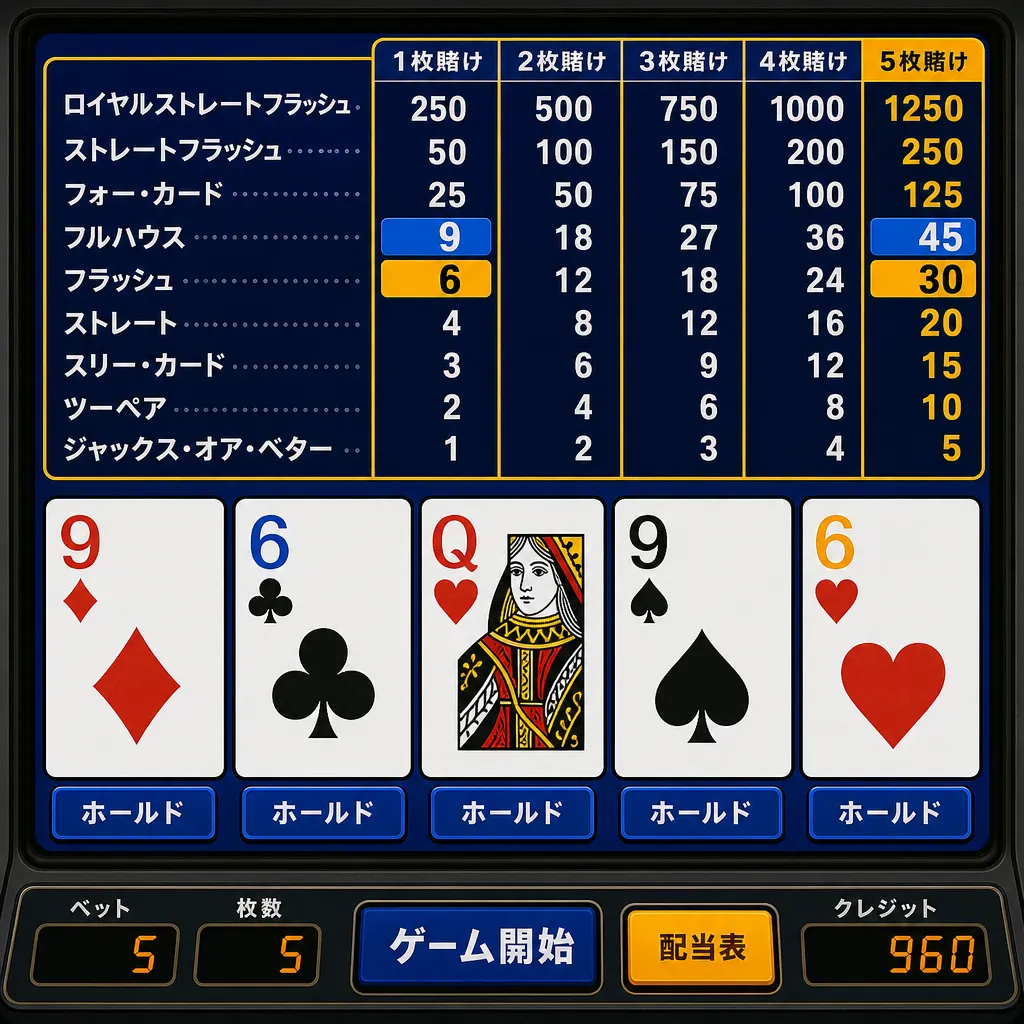 ビデオポーカー機のディスプレイに表示されたペイテーブルのクローズアップ。9と6の数字が強調されているイメージ