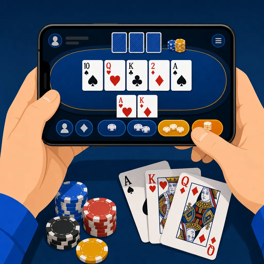 スマートフォンでポーカーアプリを操作する手元のクローズアップ。画面にはカードとベットボタンが表示され、テーブルの上にはトランプとチップが置かれている