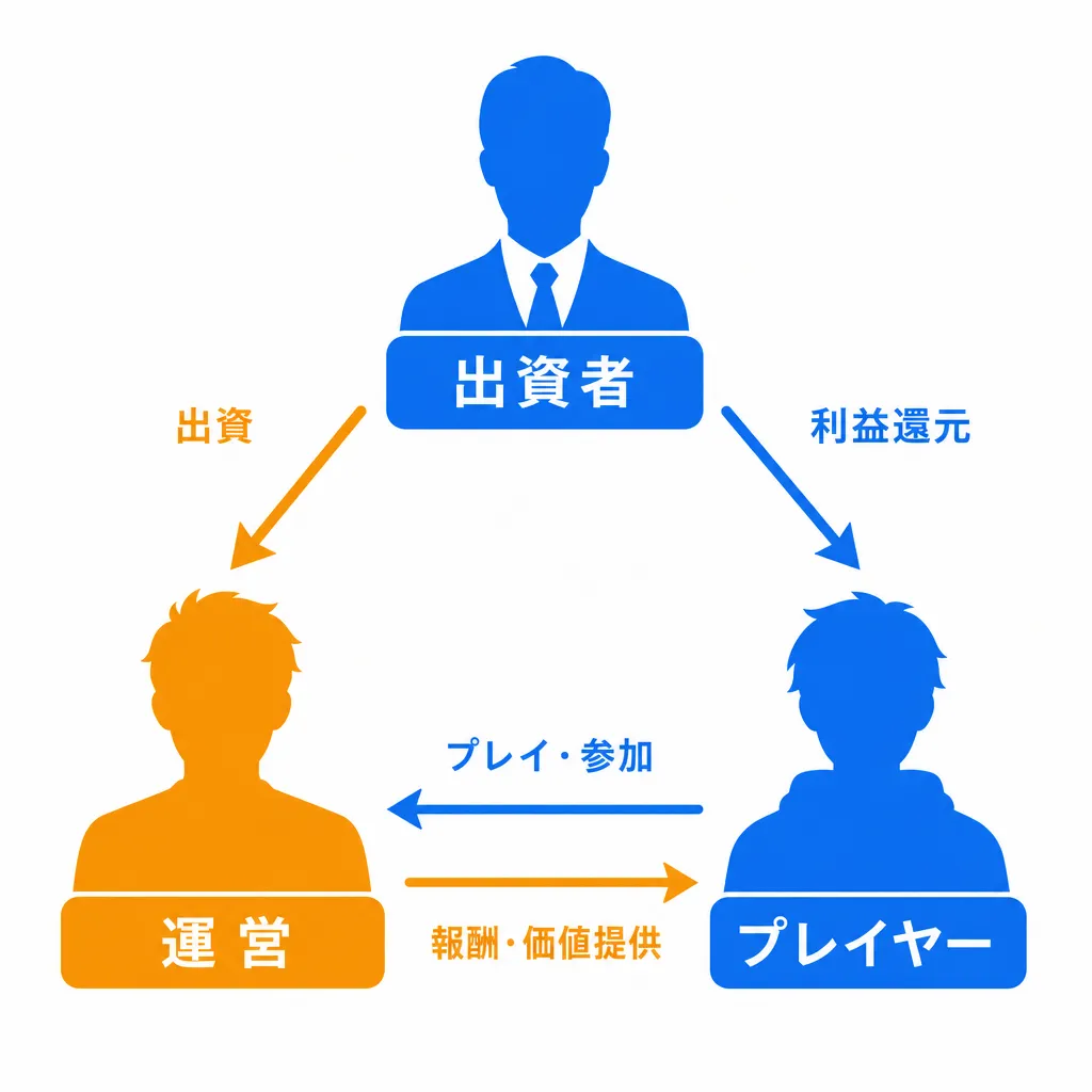 出資者・運営・プレイヤーの3者を矢印で結んだステーキングの構造図のフラットイラスト