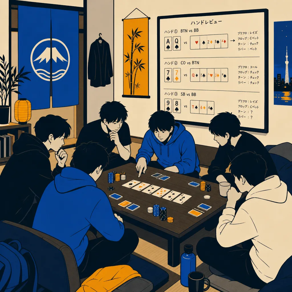 海外のゲストハウスで日本人プレイヤー数名がリビングでハンドレビューをしているフラットイラスト
