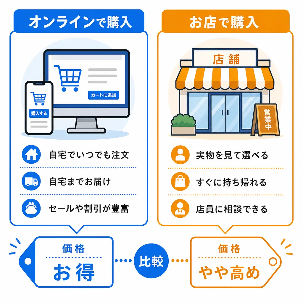 通販・実店舗のアイコンと価格表を並べた購入ルート比較のフラットイラスト