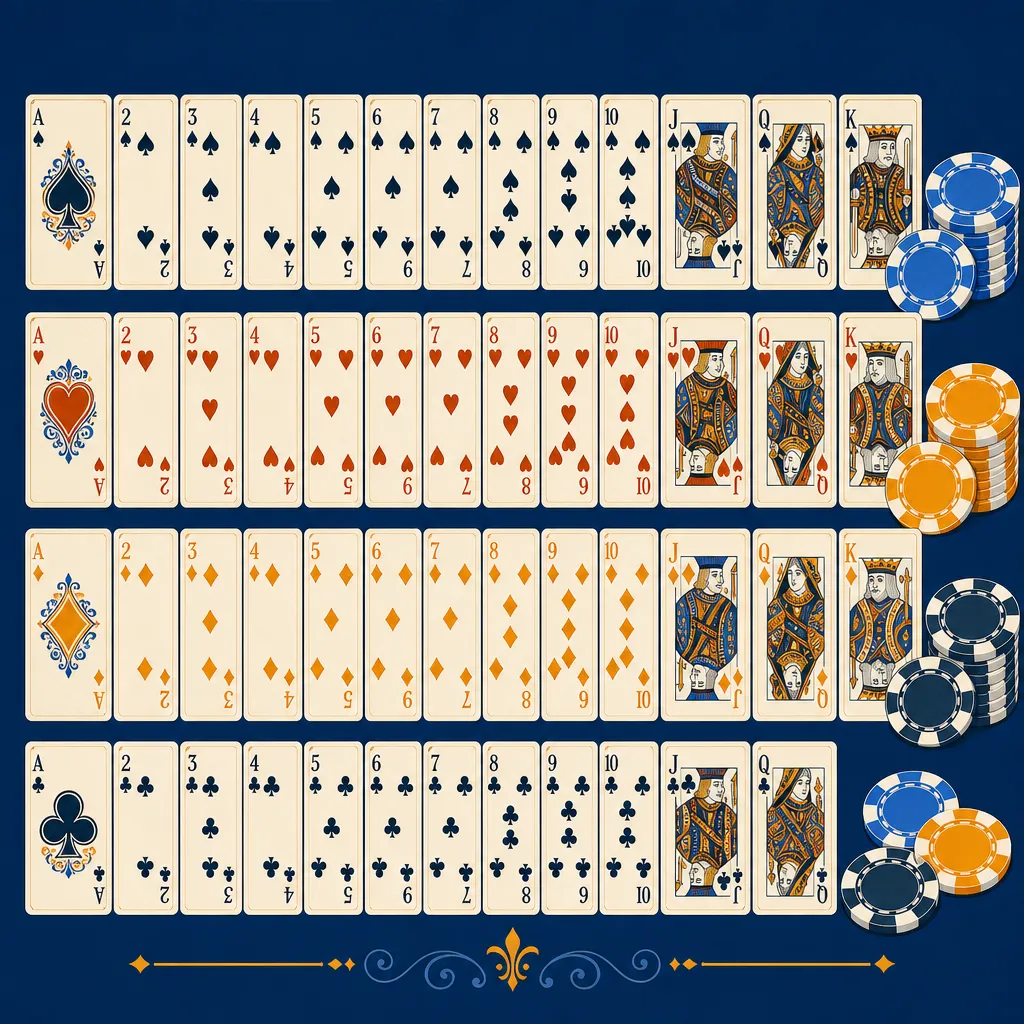 ヴィンテージ風のポーカーカードとモダンなポーカーチップを並べたフラットイラスト