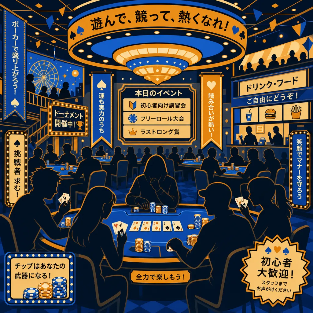 賑わうアミューズメントポーカーの会場のフラットイラスト