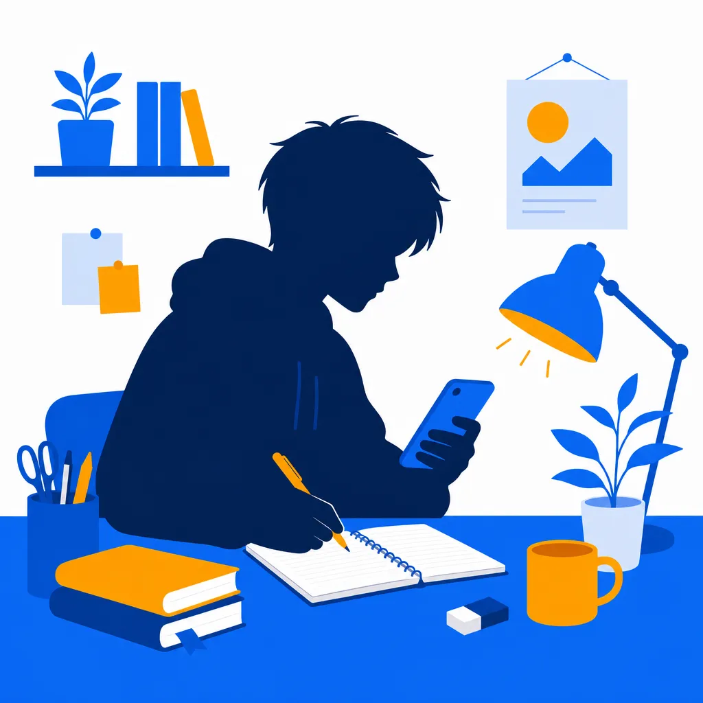 ノートとスマートフォンで学習するシルエットのフラットイラスト