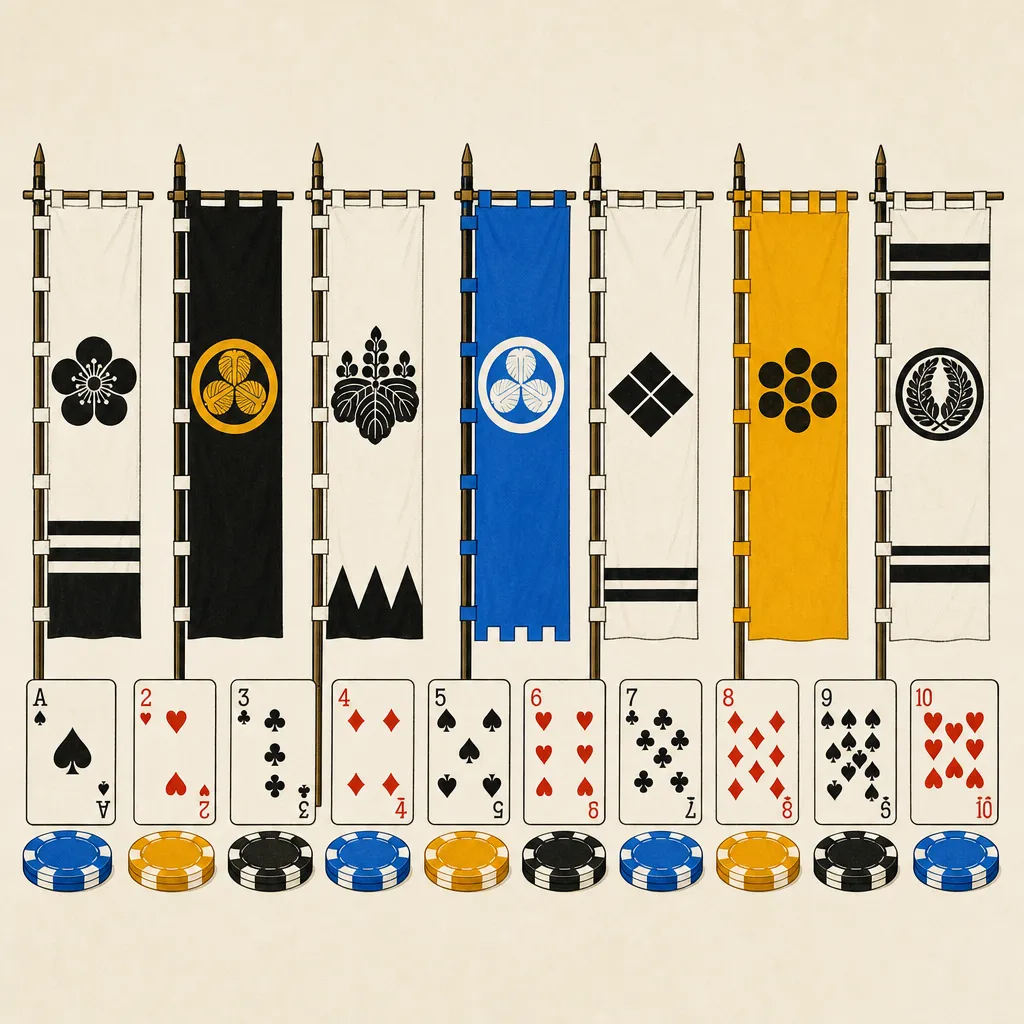 戦国時代の旗とポーカーカード、チップを並べたフラットイラスト