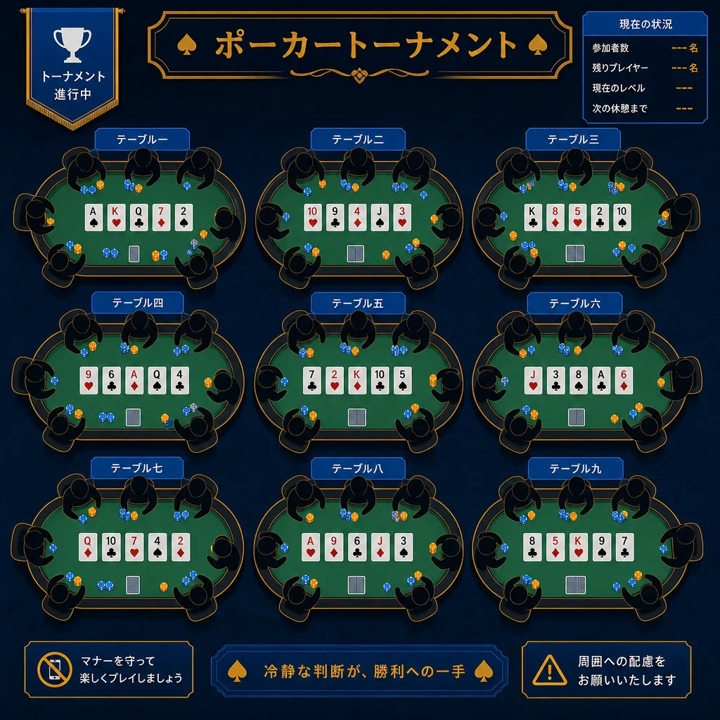 ポーカートーナメントの複数テーブルが並ぶ俯瞰のフラットイラスト