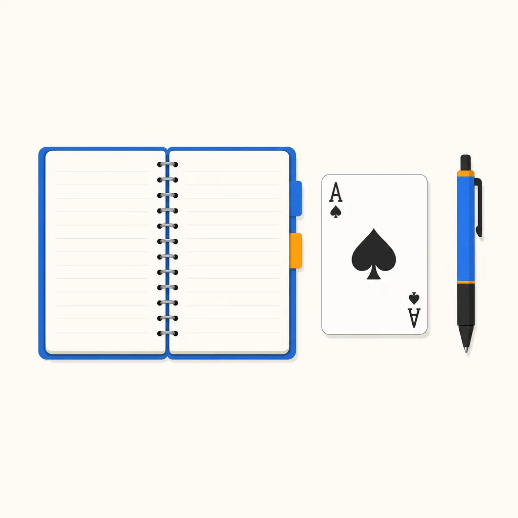 ノート、カード、ペンを並べた準備物のフラットイラスト