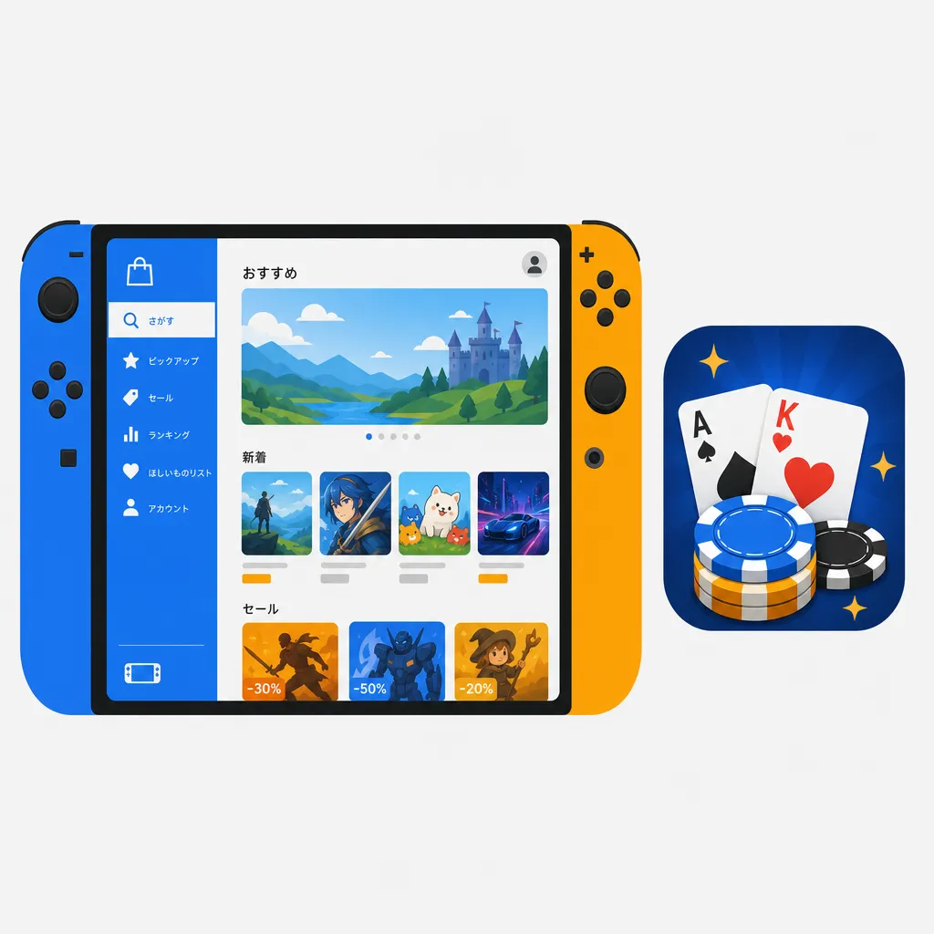 SwitchのeShop画面とポーカーゲームのアイコンを並べたフラットイラスト