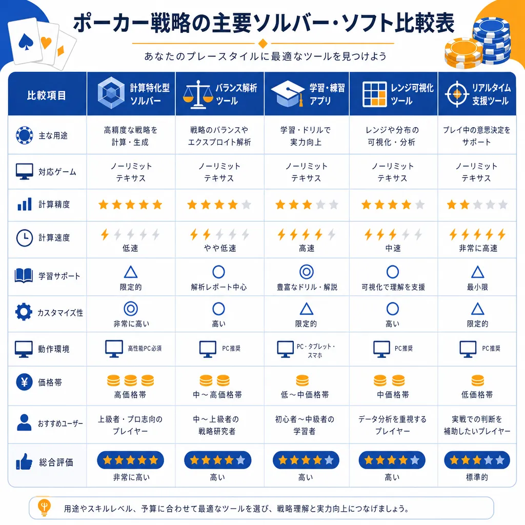 主要Switchポーカーソフトの比較表を描いたフラットイラスト