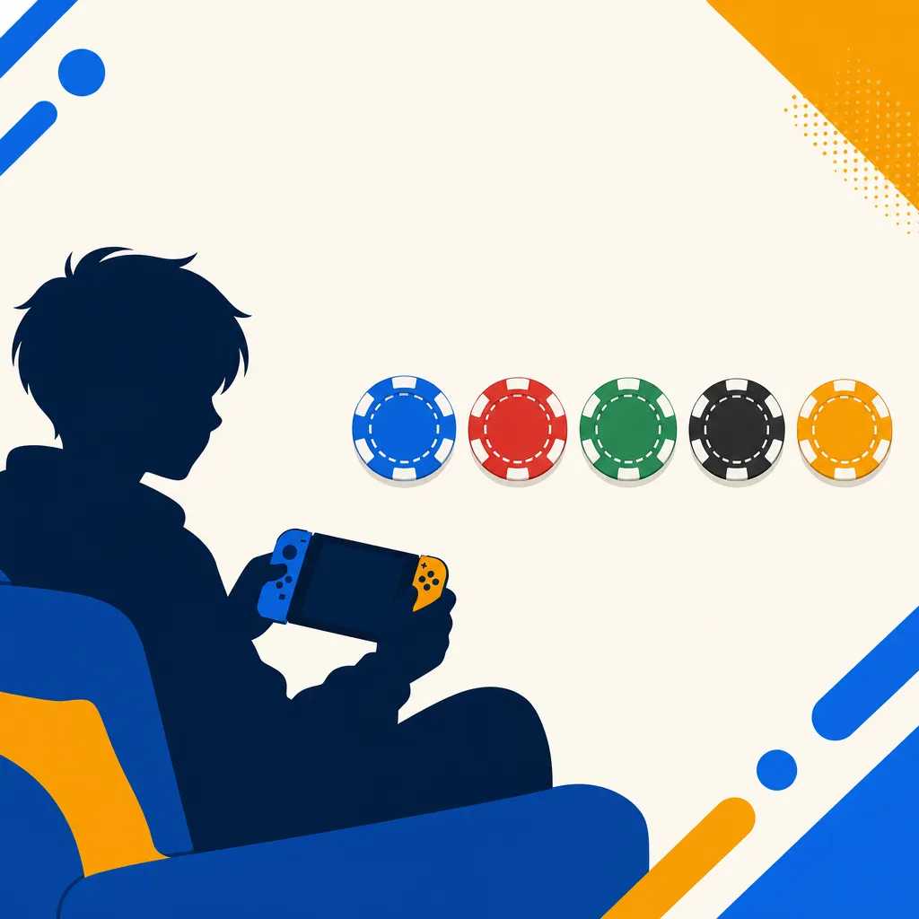 Switchで操作するプレイヤーとポーカーチップを並べた学習イメージのフラットイラスト