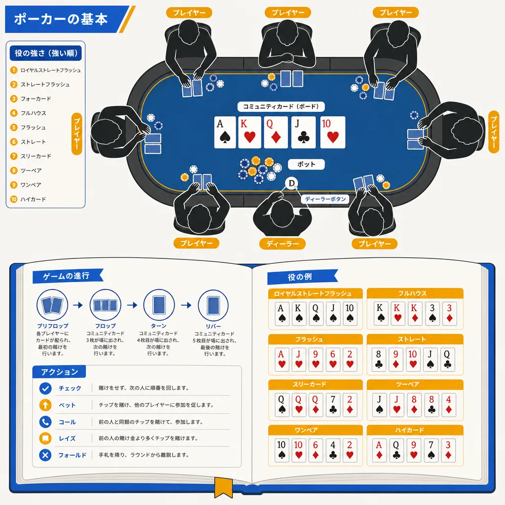 ポーカーテーブル全景と TDA ルールブックをイメージしたフラットイラスト