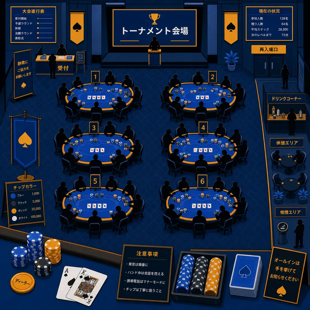 国内ポーカートーナメント会場の俯瞰イメージのフラットイラスト