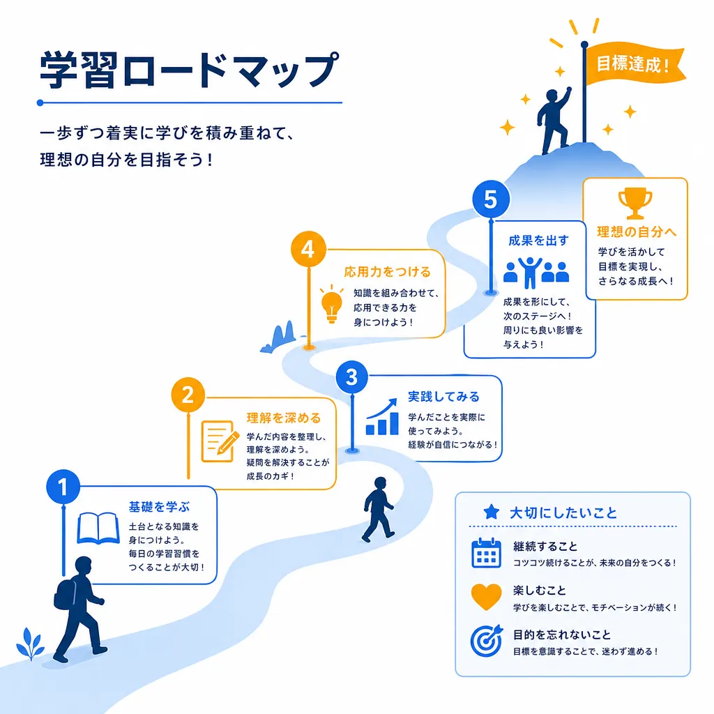 学習ロードマップを示すフラットイラスト