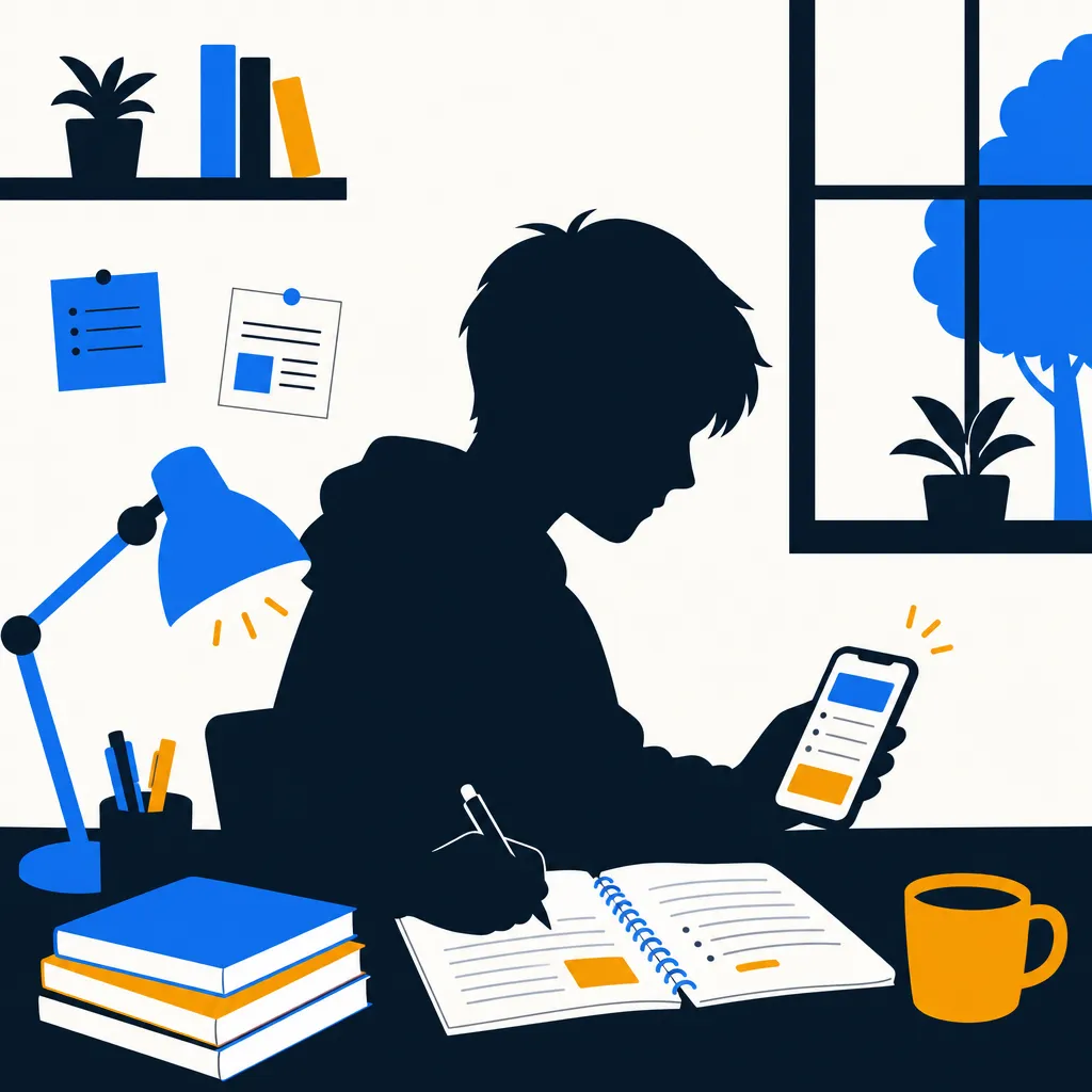 ノートとスマートフォンで学習するシルエットのフラットイラスト