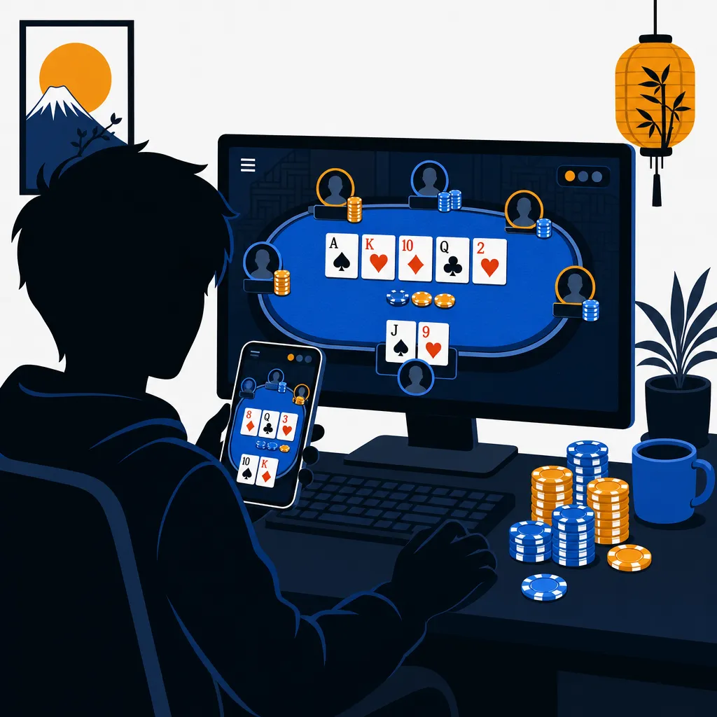 スマートフォンとPCでオンラインポーカーをプレイするフラットイラスト
