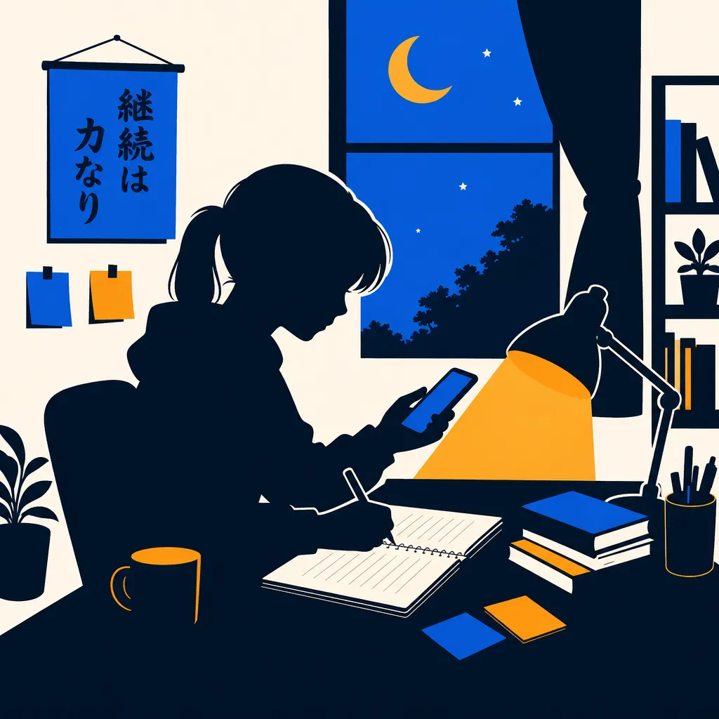 ノートとスマートフォンで学習するシルエットのフラットイラスト