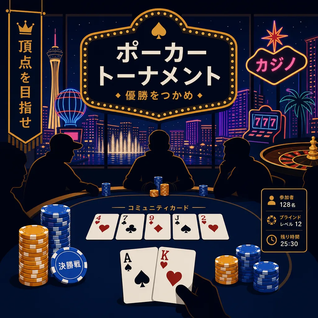 ラスベガスのカジノを背景にしたポーカートーナメントのフラットイラスト