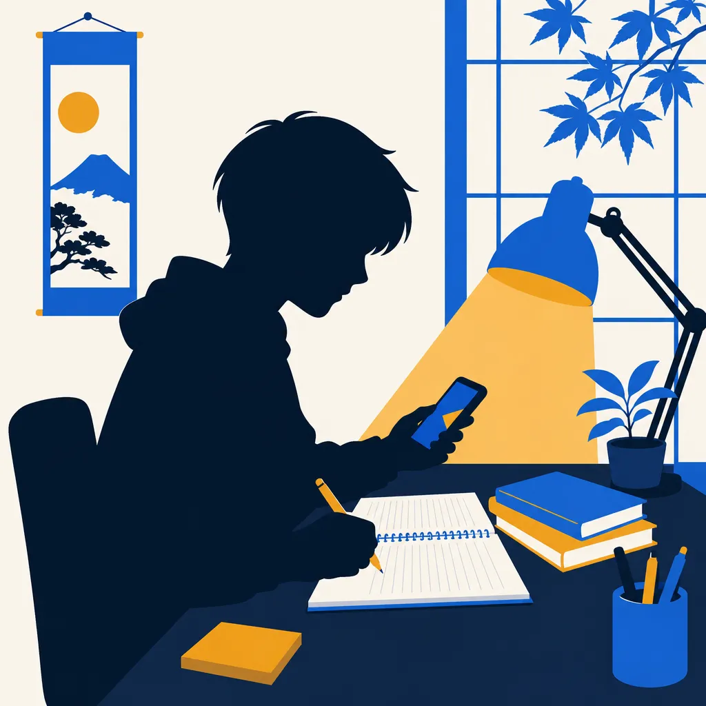 ノートとスマートフォンで学習するシルエットのフラットイラスト